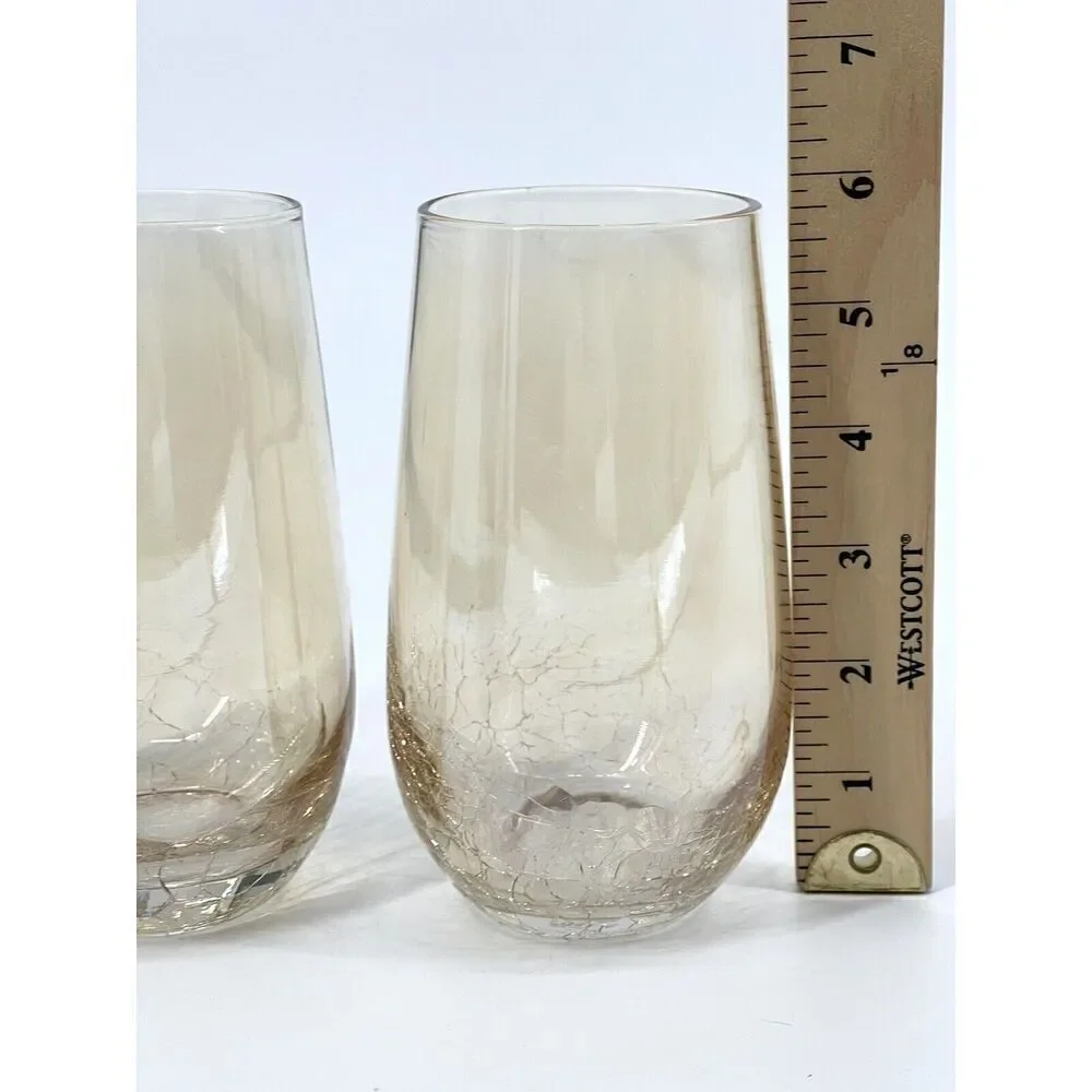 Pier 1 One Crackle Highball Tumblers Glasses Golden Luster Amber 18oz. Set Of 2